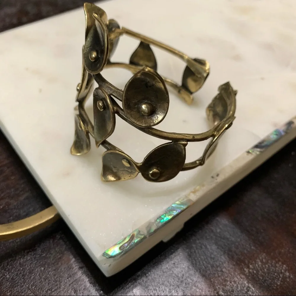 Antique gold abstract leaf cuff bold bracelet